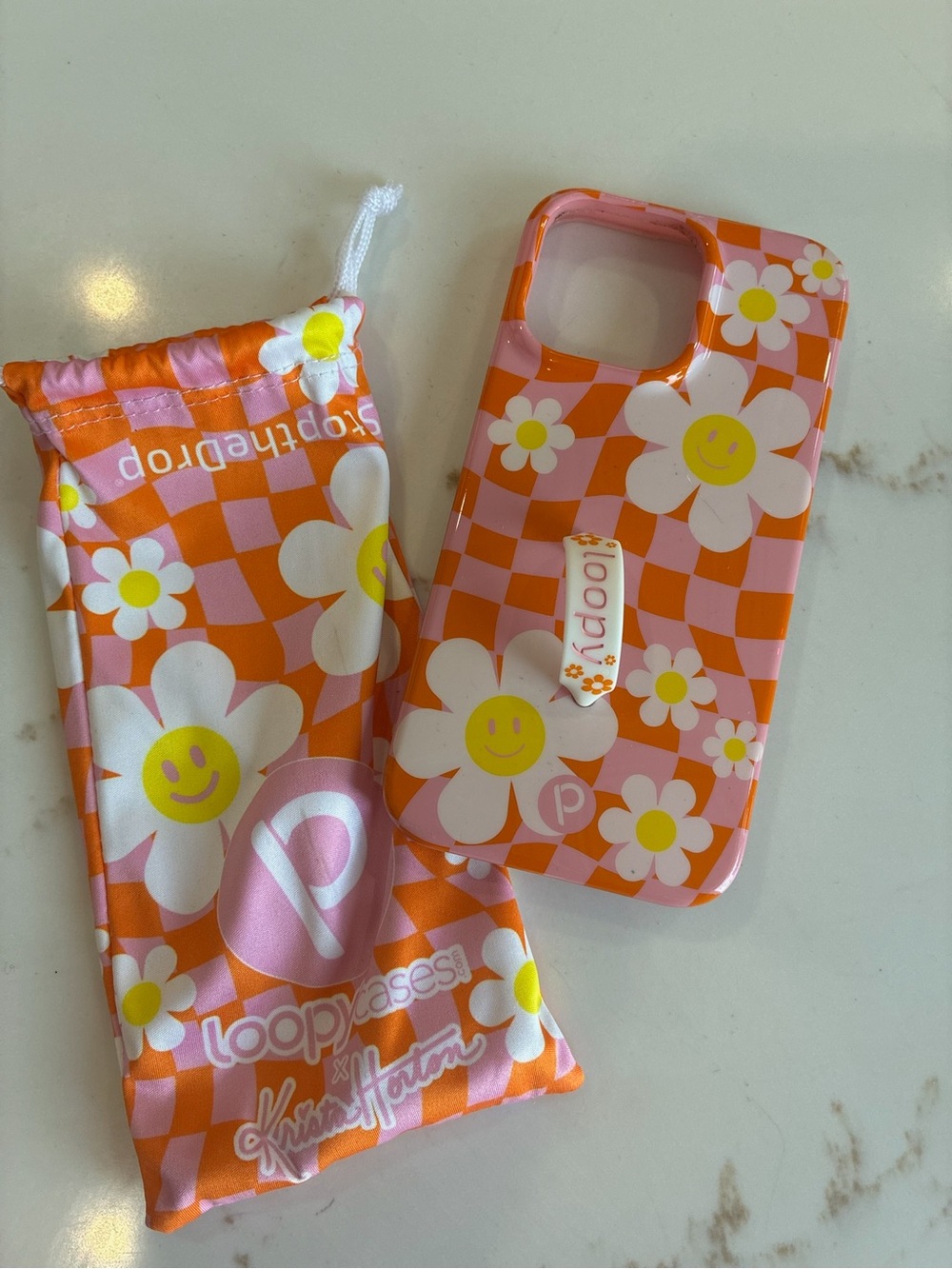 Loopy Case Pink and Orange Floral Smiley iPhone Case with Matching Pouch